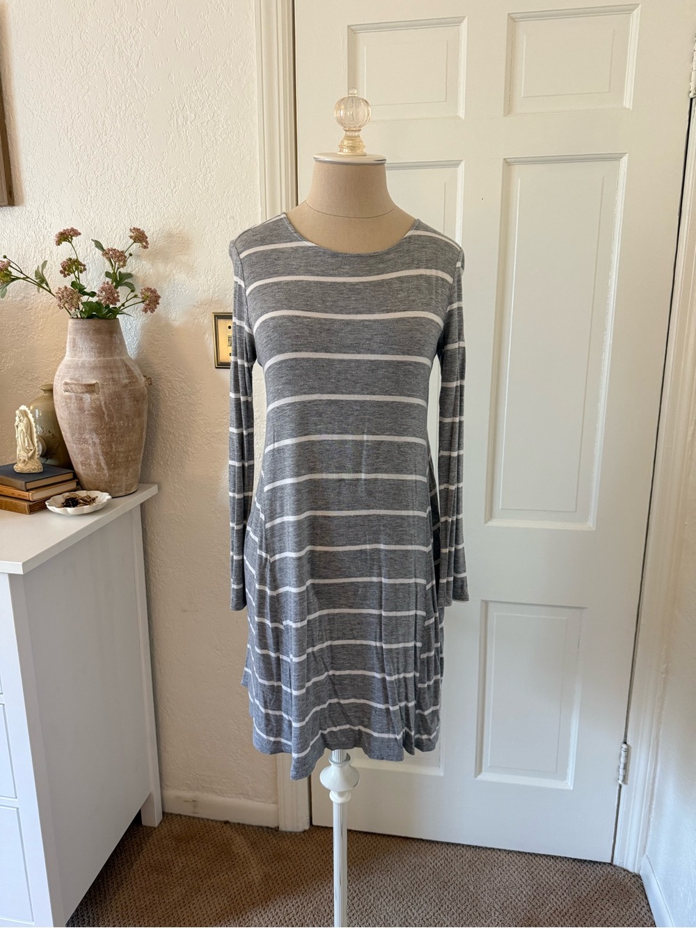 Charlotte Russe Gray and White Striped Long Sleeve Dress